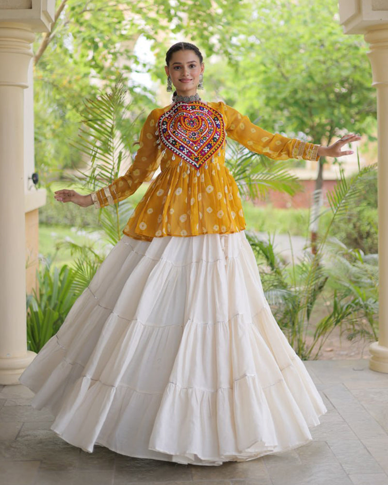 Yellow Color Bandhani Printed With Kora Cotton Navratri Lehenga Set