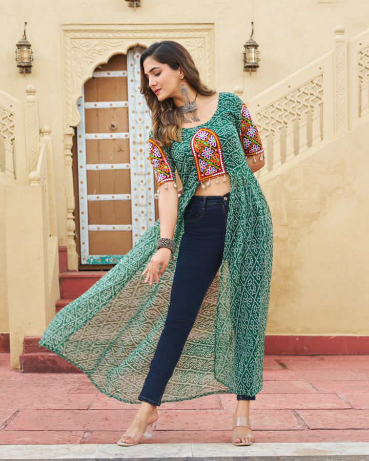Green Festival Wear Faux Georgette Kutchi Work Kurti