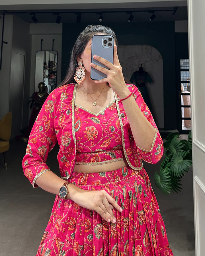 Pink Color Tussar Silk Floral Printed Lehenga Choli