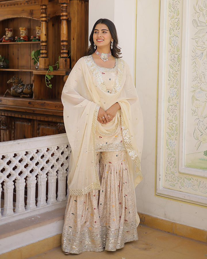 Off-White Color Viscose Jacquard Embroidered Gharara Suit