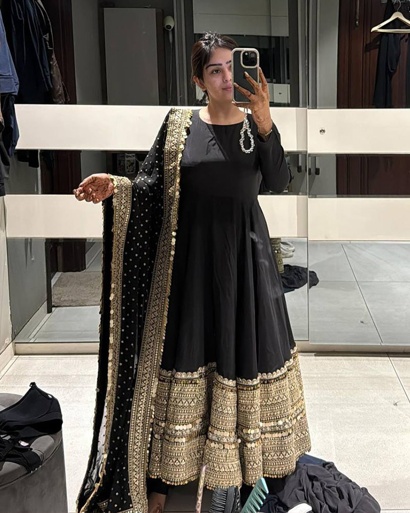 Black Color Rayon Embroidered Three Piece Anarkali Suit