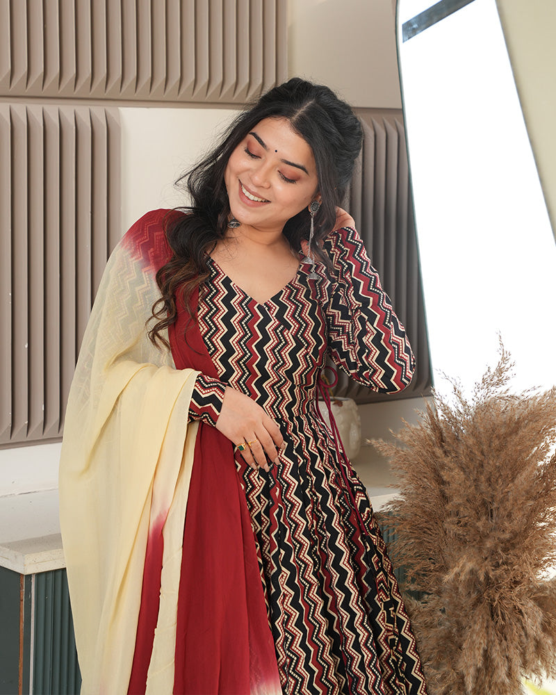 Designer Black Color Cotton Laheriya Printed Anarkali Suit