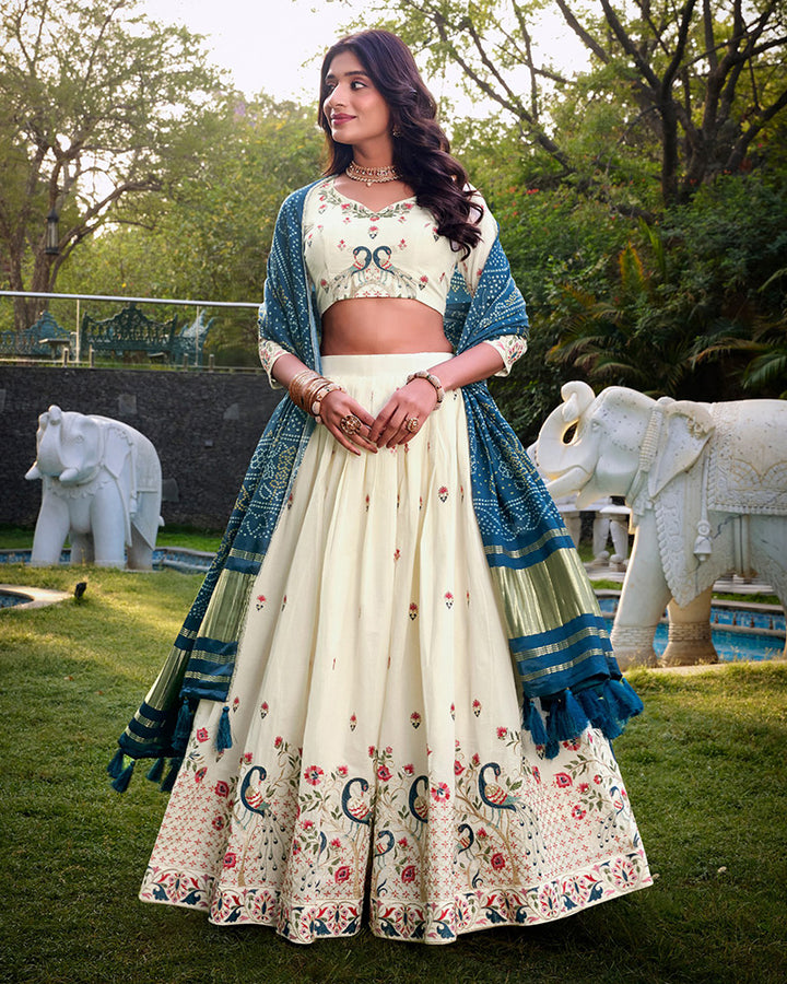 Peacock Design Off-White Color Khadi Cotton Embroidered Lehenga Choli