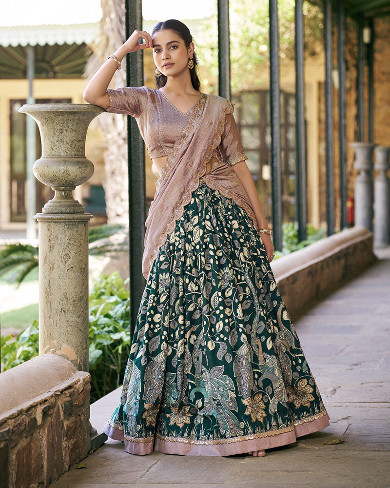 Green Color Tussar Silk Kalamkari Printed Lehenga Choli