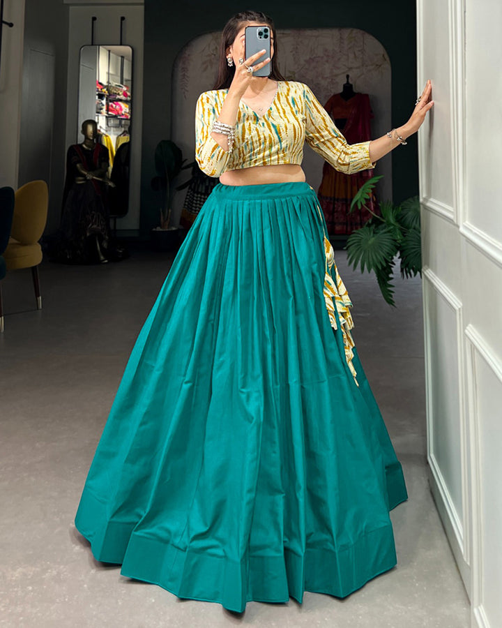 Teal Green Color Cotton Shibori Printed Navratri Lehenga Choli