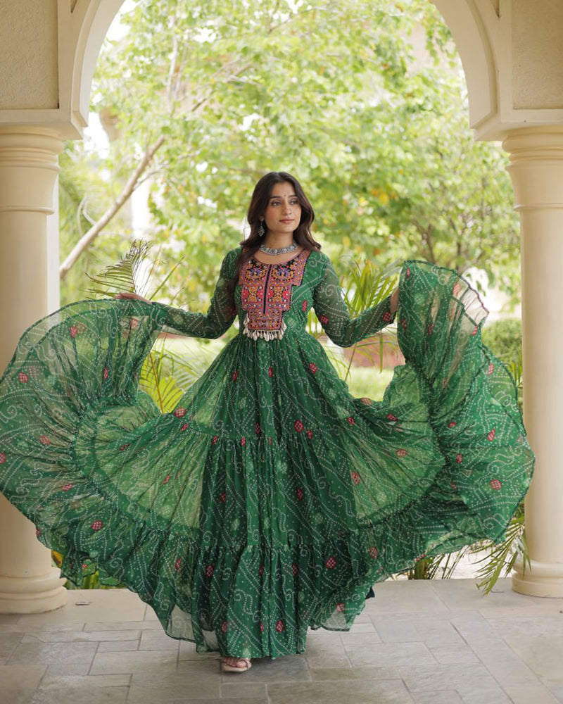 Green Color Bandhani Print Faux Georgette Navratri Gown