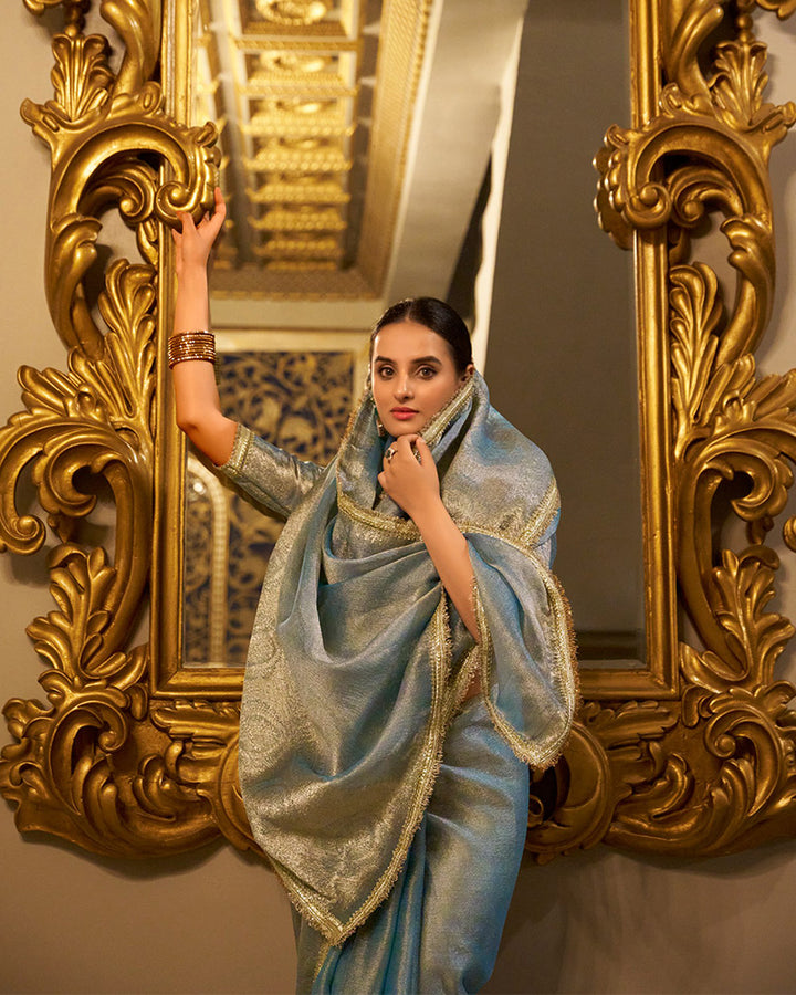 Designer Sky Blue Color Weightless Tissue Shimmer Saree