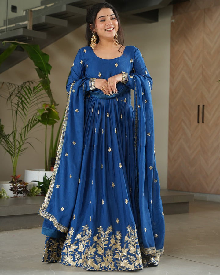 Beautiful Rama Color Chinnon Gown With Embroidered Dupatta