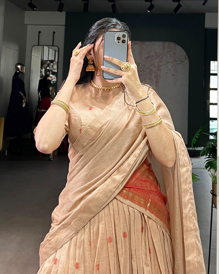 Traditional Cream Color Chanderi Half Saree With Zari Detailing