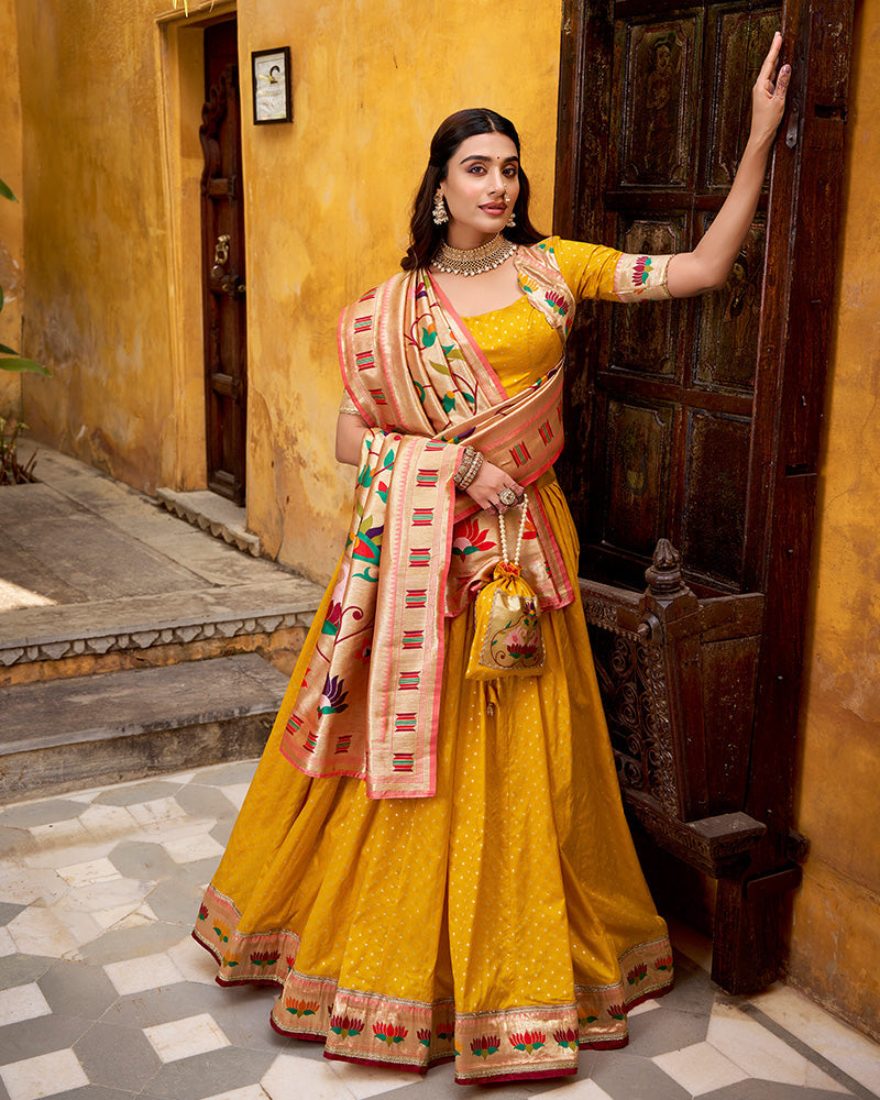 Mango Color Paithani Silk Zari Weaving Lehenga Choli