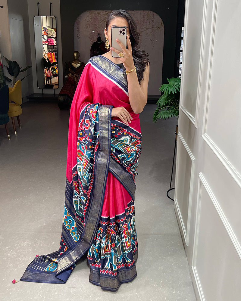 Pink Color Patola Print With Foil Work Dola Silk Saree