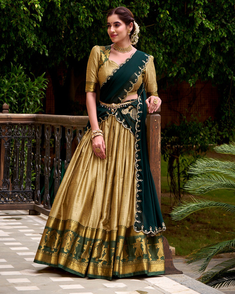 Cream Color Poly Cotton Zari Weaving Half Saree