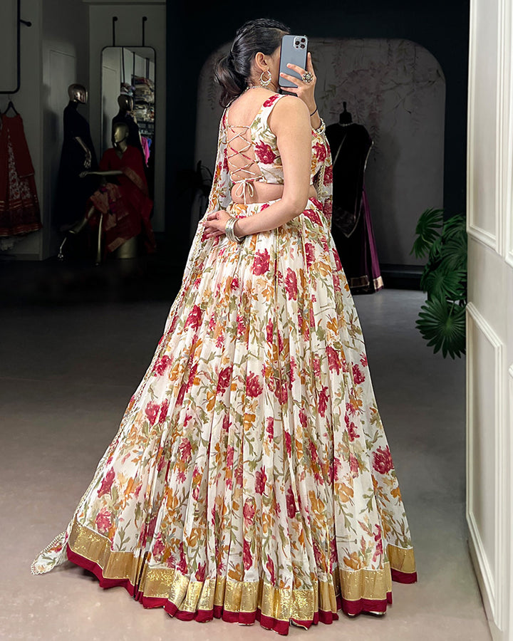 White Color Chiffon Floral And Foil Printed Lehenga Choli