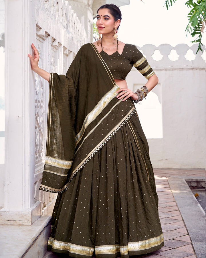 Elegant Mehndi Color Pure Chanderi Full Stitched Lehenga Choli