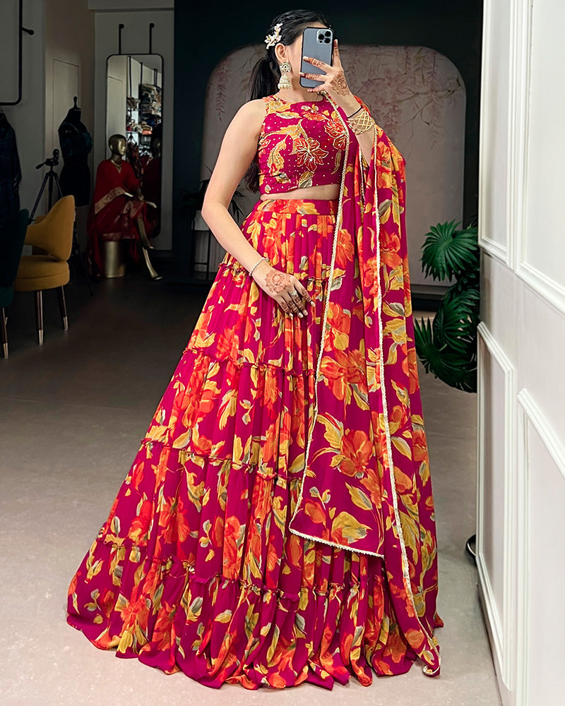 Pink Color Marble Floral Printed Lehenga Choli