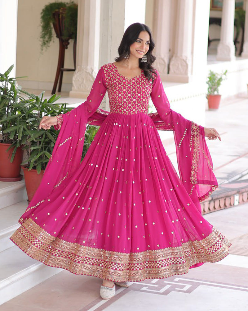 Hot Pink Color Georgette Embroidered Designer Gown