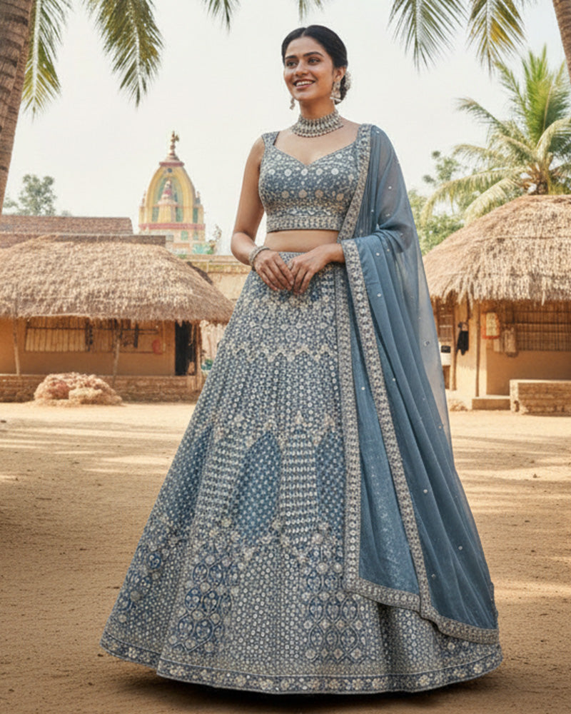 Wedding Wear Sky Blue Color Georgette Embroidered Lehenga Choli