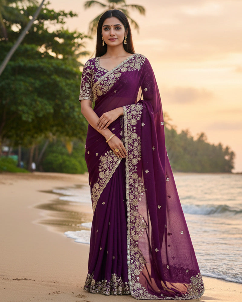 Maroon Color Space Silk Beads Embroidered Saree