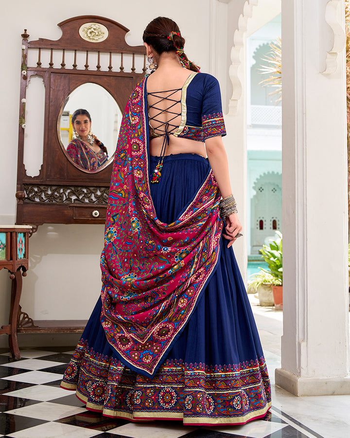Navy Blue Color Tasar Silk Gamthi Printed Navratri Lehenga Choli
