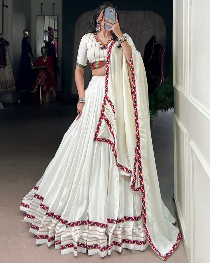 Vibrant White Color Rayon Gamthi Work Navratri Lehenga Choli
