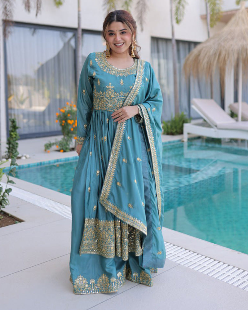 Dusty Teal Color Super Silk Embroidered Sharara Suit
