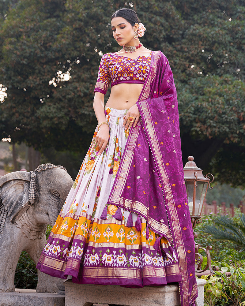 Wine Color Tussar Silk Floral And Patola Print Lehenga Choli