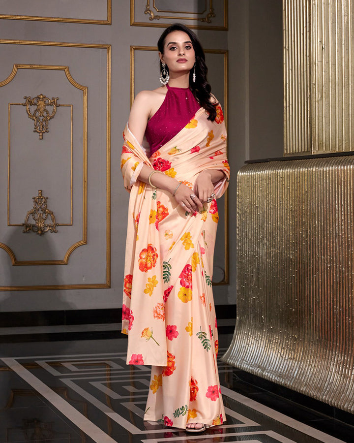 Designer Cream Color Satin Silk Printed Saree