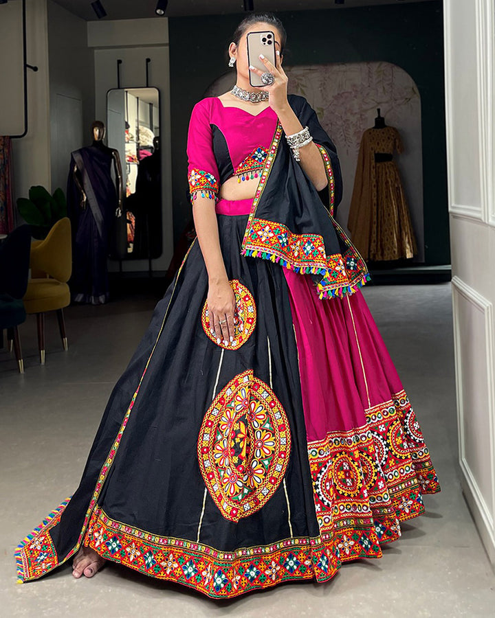 Pink And Black Color Cotton Navratri Lehenga Choli