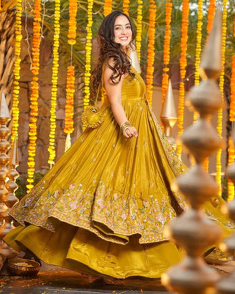 Mustard Color Crunchy Silk Embroidered Sharara Suit