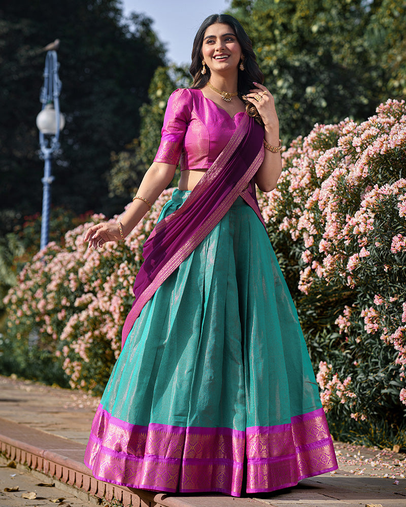 Sky Blue Color Kanchipuram Silk Designer Half Saree