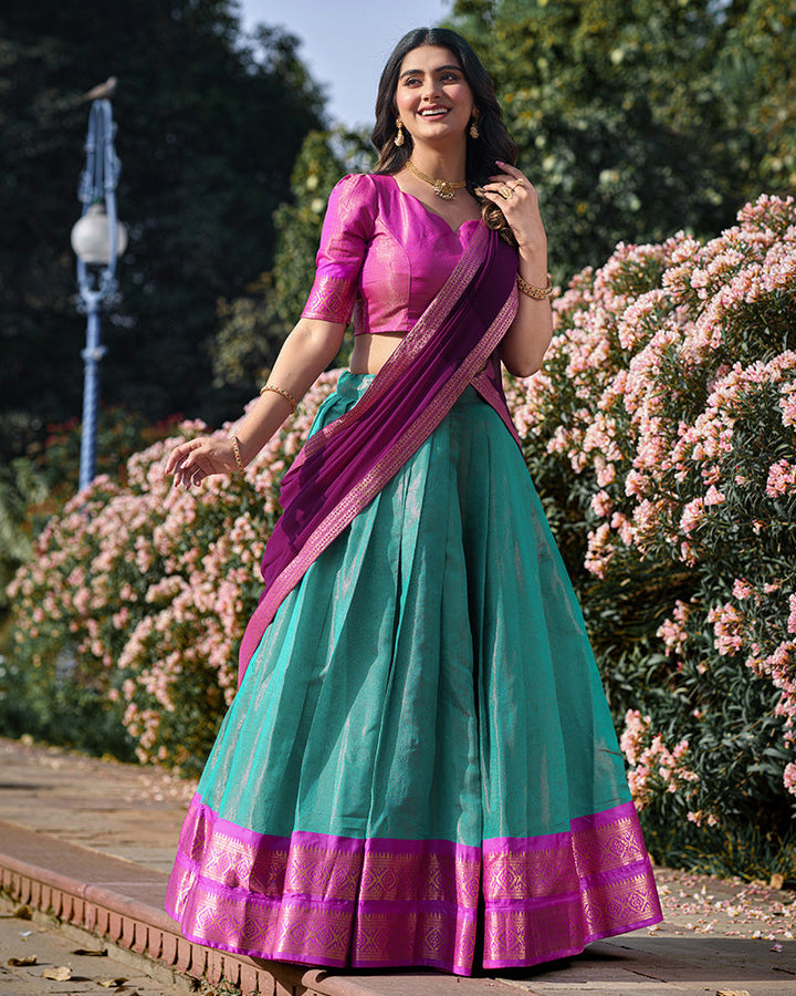 Sky Blue Color Kanchipuram Silk Designer Half Saree