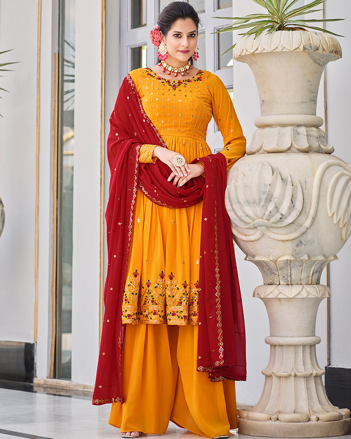 Embriodered Mustard Yellow Color Georgette Three Piece Palazzo Suit