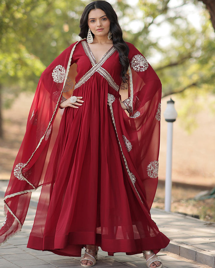 Maroon Color Faux Blooming Embroidered Alia Cut Gown With Dupatta