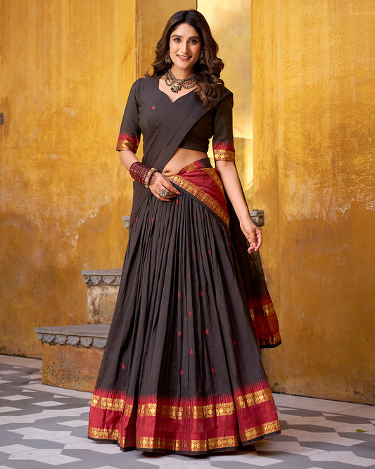 Traditional Black Color Chanderi Half Saree With Zari Detailing