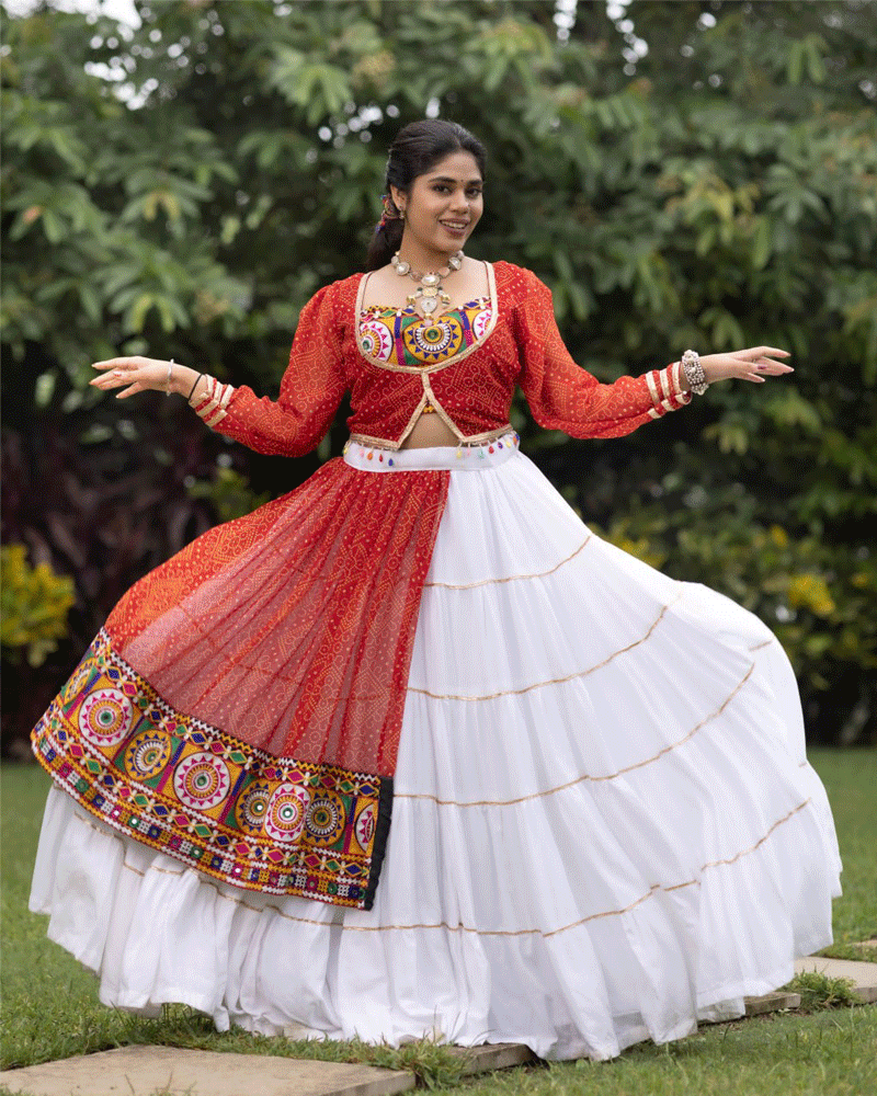Red And White Color Rayon Cotton Navratri Lehenga Choli