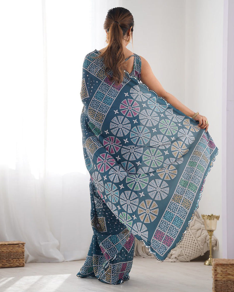 Navy Blue Color Chinnon Silk Printed Saree