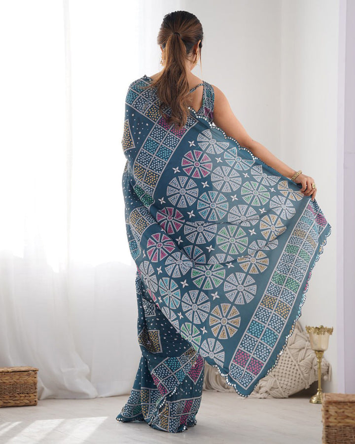 Navy Blue Color Chinnon Silk Printed Saree
