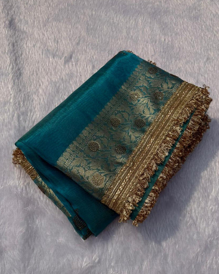 Premium Firozi Color Organza Tissue Silk Saree