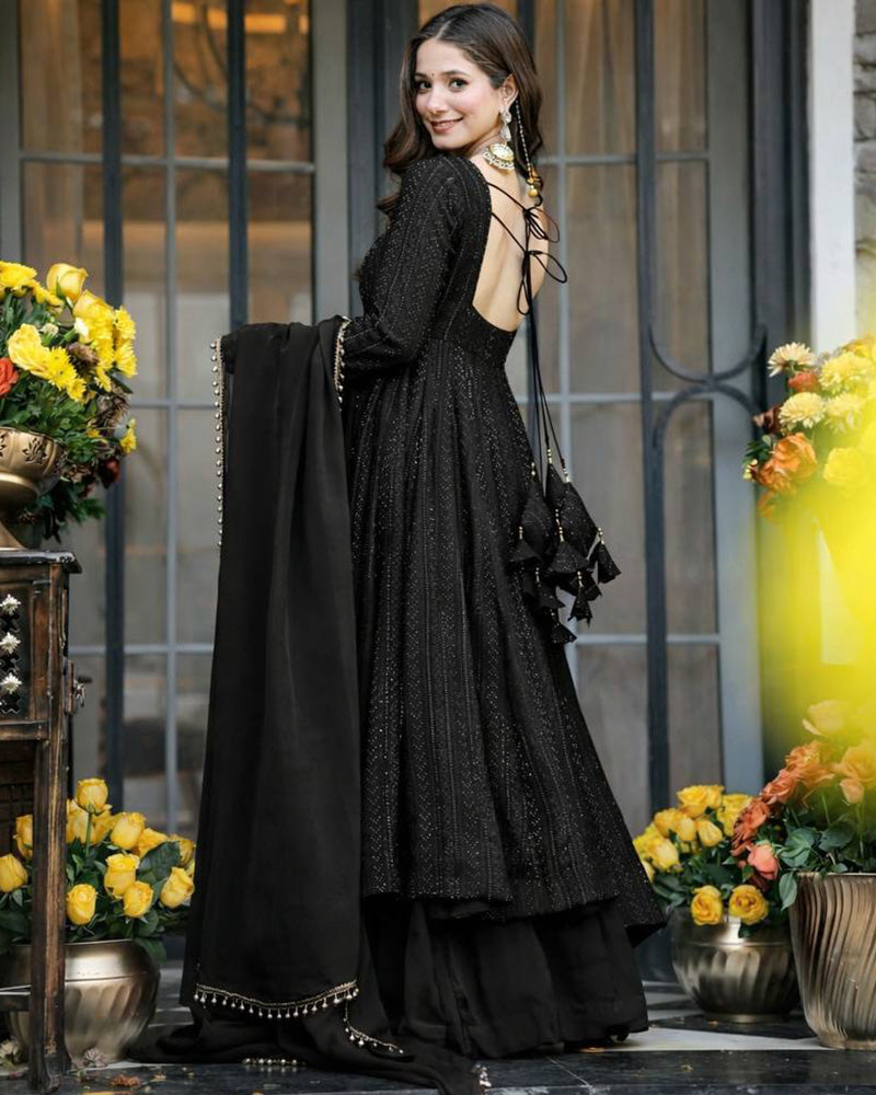 Black Color Faux Blooming Embroidered Sharara Suit