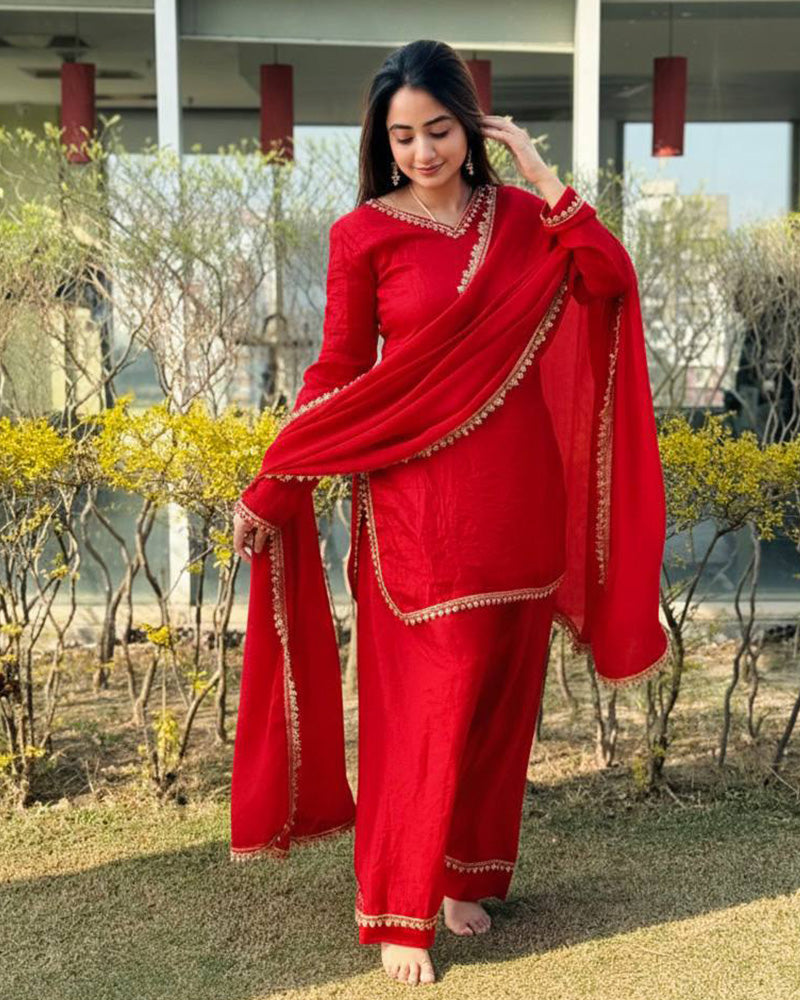 Red Color Fendi Satin Silk Farshi Salwar Suit
