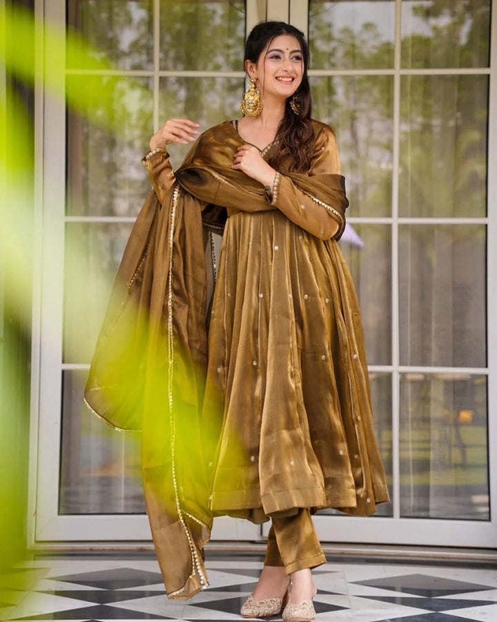 Brown Color Jimmy Choo Three Piece Anarkali Suit