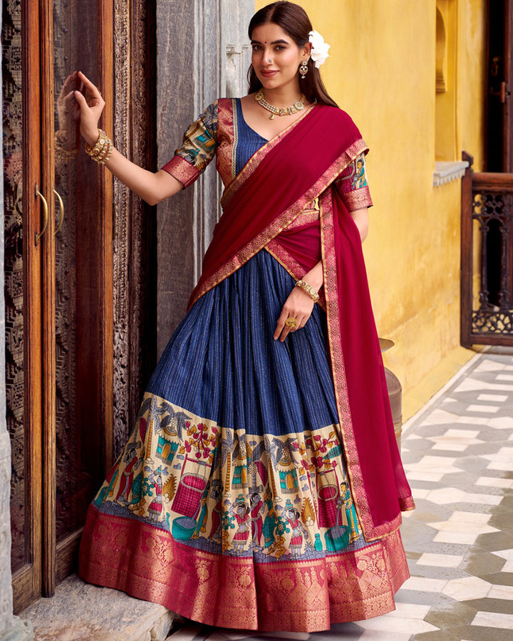 Navy Blue Color Poly Chanderi Kalamkari Printed Lehenga Choli