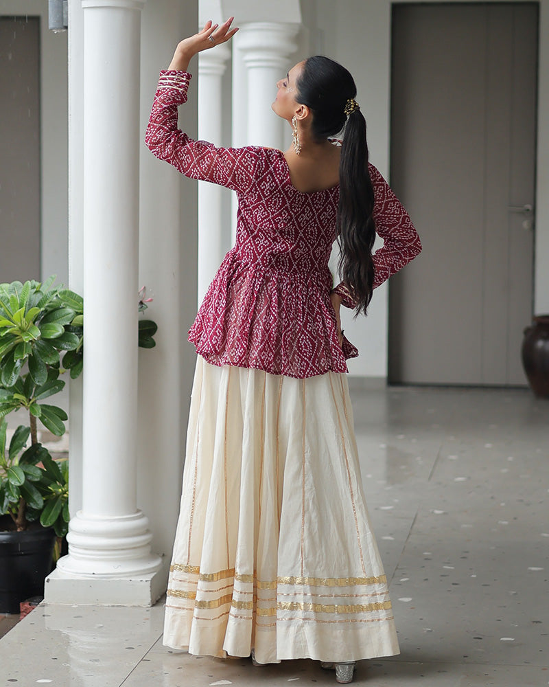 Peplum Style Maroon Bandhej Choli With Cotton Lehenga