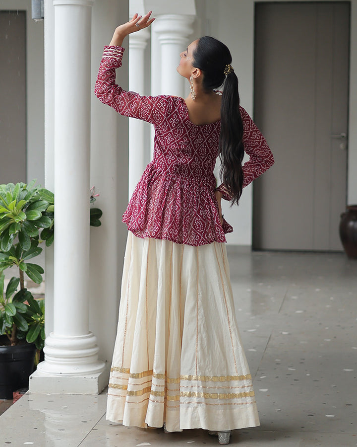 Peplum Style Maroon Bandhej Choli With Cotton Lehenga