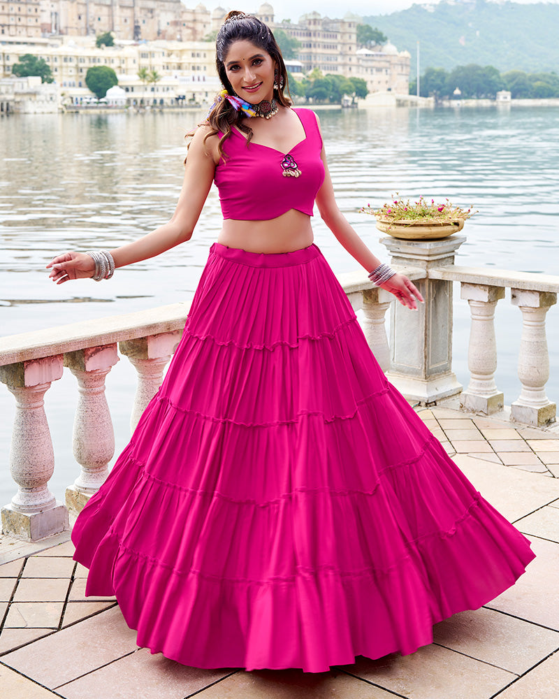 Pink Color Pure Rayon Ruffle Style Navratri Lehenga Choli