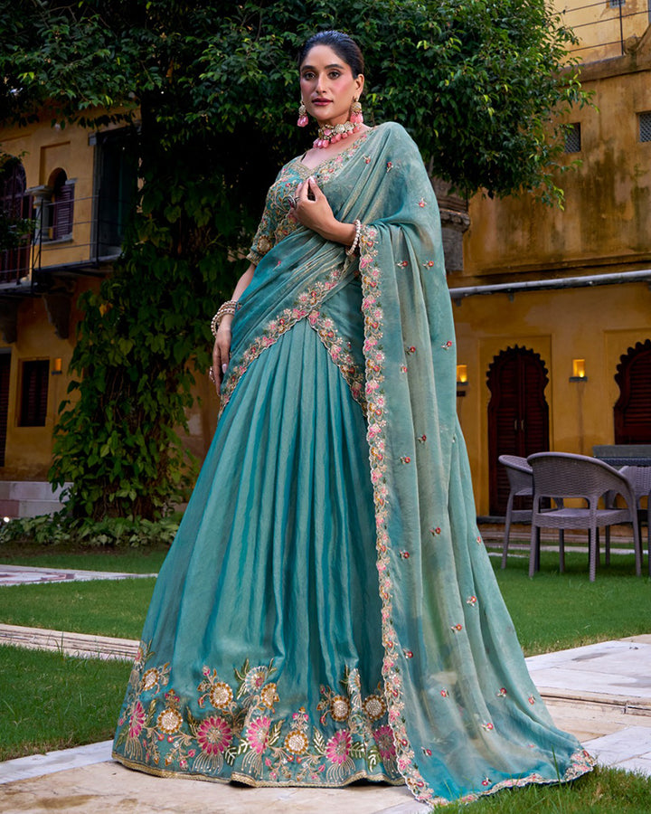 Sky Blue Color Zari Shimmer Thread Embroidered Lehenga Choli