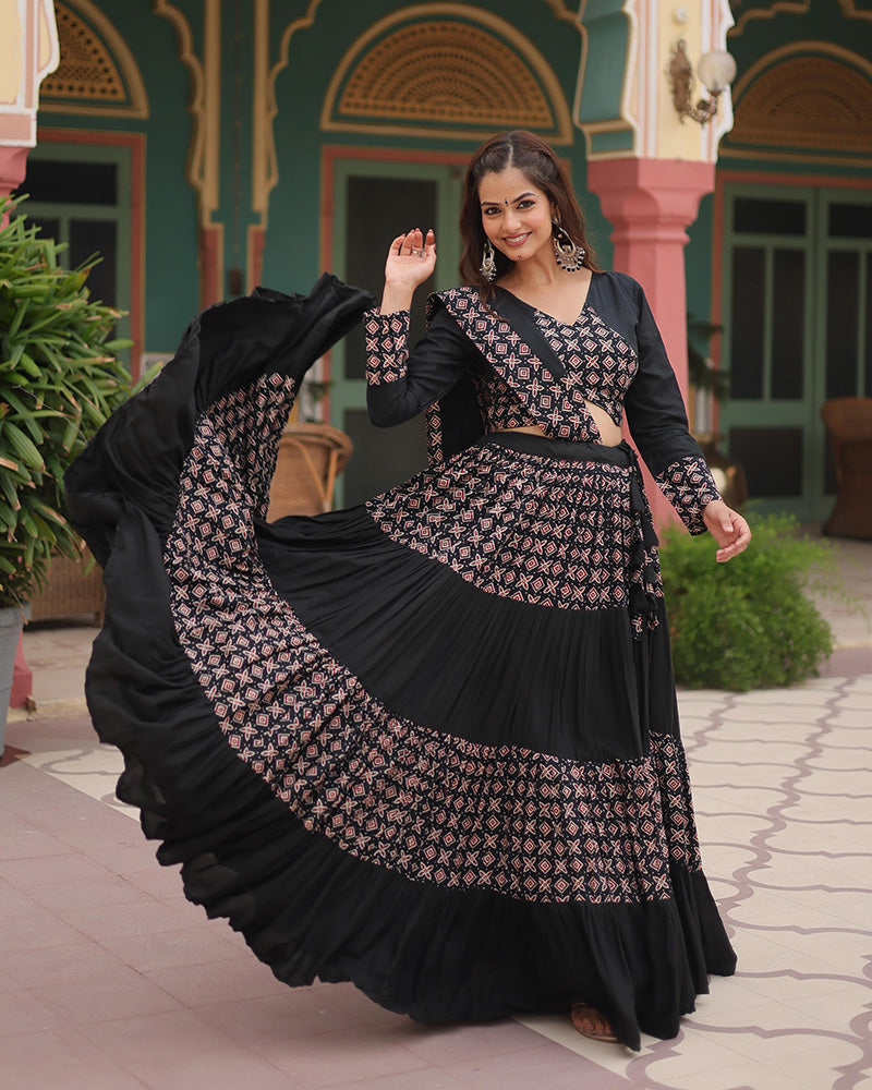 Navratri Wear Black Color Rayon Printed Lehenga Choli