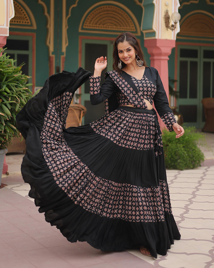 Navratri Wear Black Color Rayon Printed Lehenga Choli