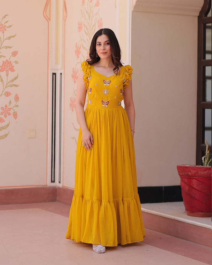Designer Yellow Color Faux Blooming Embroidered work Gown
