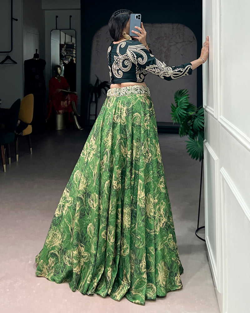 Firozi Green Color Tasar Silk Printed Embroidered Lehenga Choli